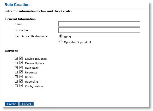 Role Creation dialog box with various fields to be completed, as well as a Create button and a Cancel button